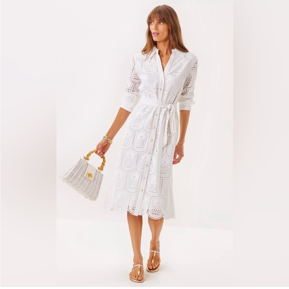 Lace Lilly Pulitzer Women's White Eira Eyelet Long Sleeve Belted Midi Shirtdress